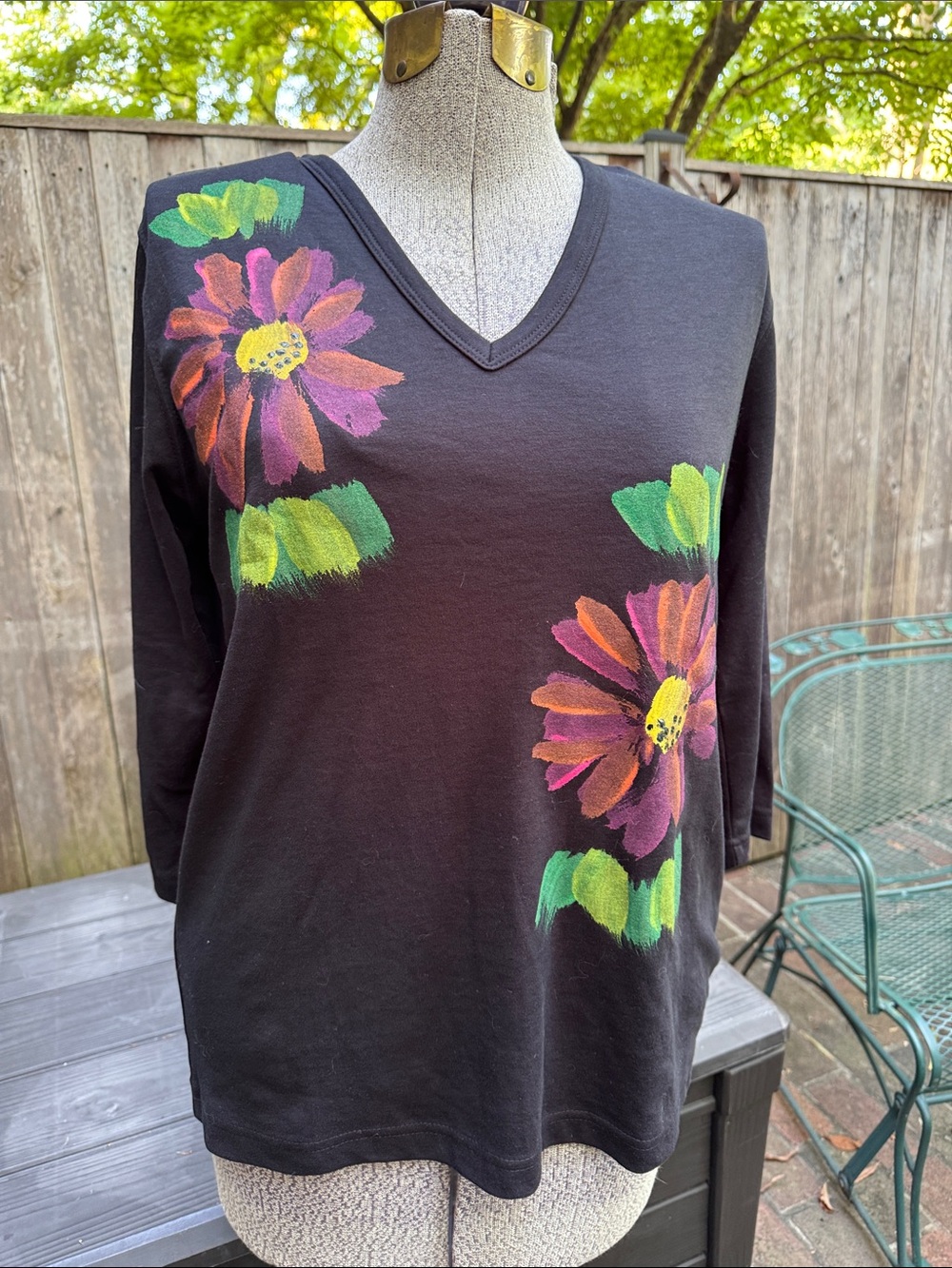 Black V-Neck Long Sleeve Top with Hand-Painted Floral Accents